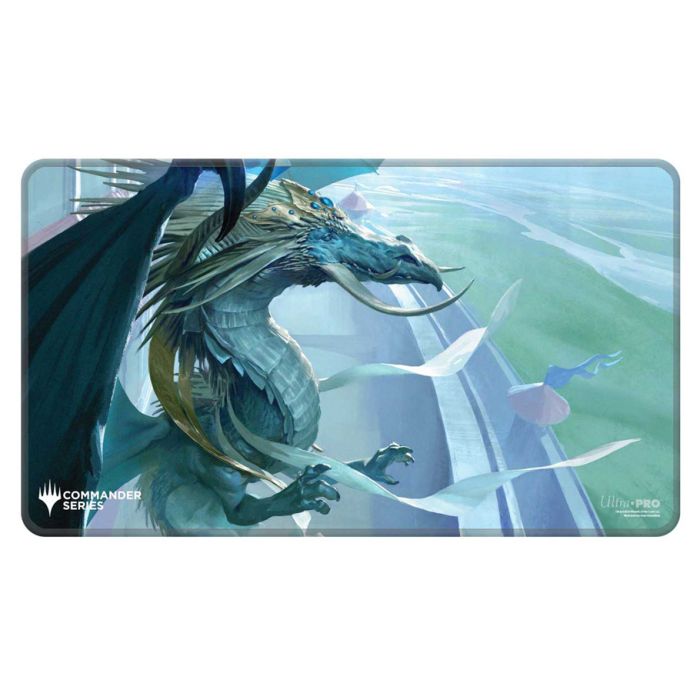 Playmat: Magic the Gathering: Commander Series: Arcades, the Strategist - Rectangular playmat featuring a blue-green dragon coiled around a futuristic structure with white geometric shapes and a.
