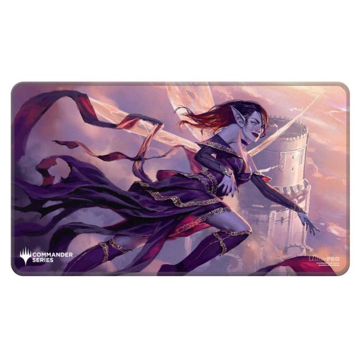 Playmat: Magic the Gathering: Commander Series: Alela, Artful Provocateur - Rectangular playmat with purple and pink hues featuring a dark-haired elf warrior in dynamic pose, flowing robes, and a.