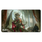 Playmat: Magic the Gathering: Commander Series: Korvold, Fae-Cursed King - Gaming playmat featuring a detailed dragon with red accents seated in a grand cathedral setting, large windows casting light
