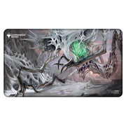 Playmat: Stitched Edge: Magic the Gathering: Commander Series: Yarok, The Desecrated - Dark fantasy playmat featuring Yarok, The Desecrated with stitched edges and intricate gray, green, and purple artwork.