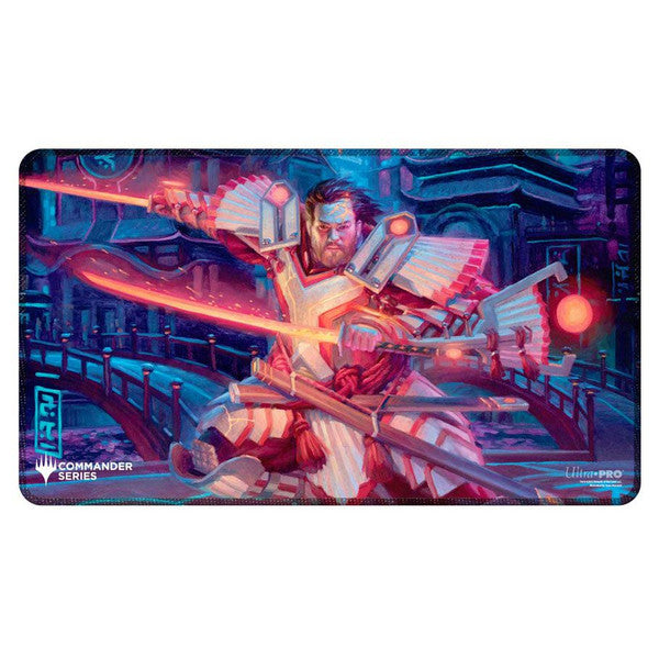 Ultra Pro Stitched Edge Playmat -Magic the Gathering: Commander Series - Isshin, Two Heavens as One - Rectangular playmat featuring futuristic sci-fi warrior in white armor wielding glowing red energy weapons on a neon-lit.