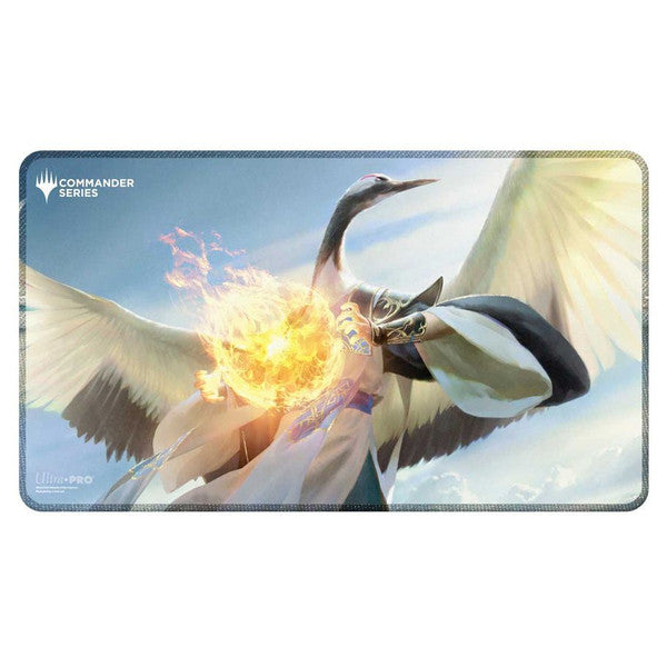 Ultra Pro Stitched Edge Playmat -Magic the Gathering: Commander Series - Kykar Wind's Fury - Rectangular playmat with stitched edges featuring a white crane with flames on its wing against a soft blue sky background.