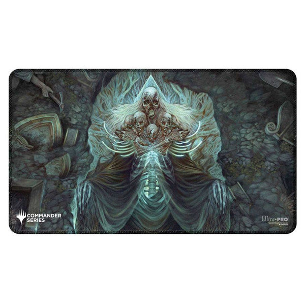 Ultra Pro Stitched Edge Playmat -Magic the Gathering: Commander Series - Myrkul, Lord of Bones - Dark fantasy playmat with stitched edges featuring a ghostly skeletal figure with glowing blue energy.