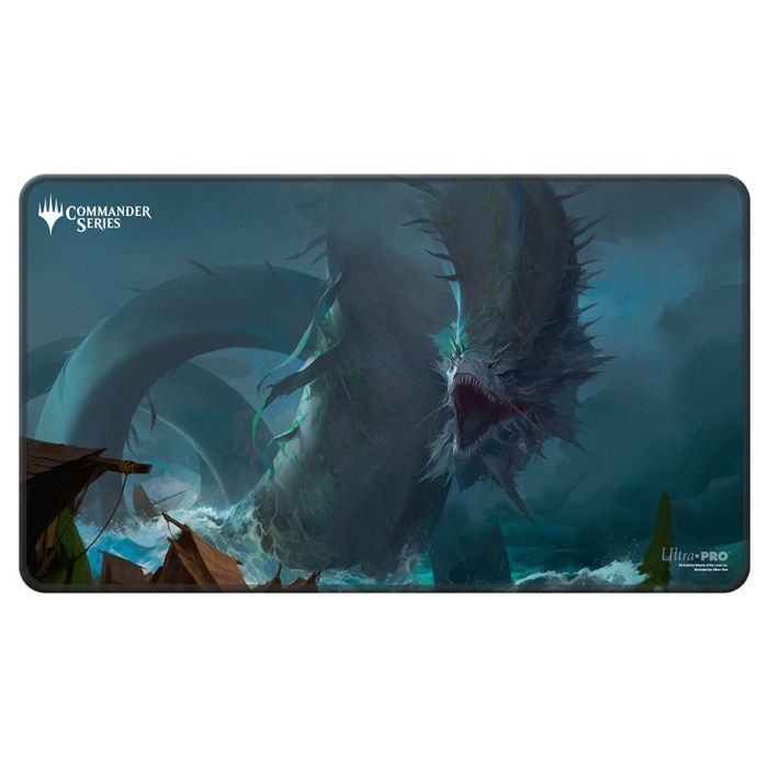 Playmat: Magic the Gathering: Commander Series: Stitched Edge: Aesi Tyrant of Gyre Strait - Dark blue and teal stitched edge playmat featuring a large serpentine sea creature rising from turbulent waters.