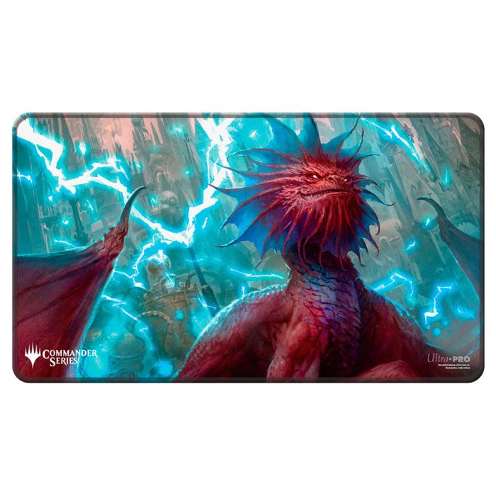 Playmat: Magic the Gathering: Commander Series: Stitched Edge: Niv Mizzet Parun - Rectangular playmat with stitched edges featuring vibrant digital art of a red, spiky dragon-like creature against a glowing
