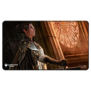 Playmat: Magic the Gathering: Commander Series: Stitched Edge: Teysa Karlov - Gaming playmat featuring a detailed illustration of a woman in dark armor with gold accents, standing in front of a large.