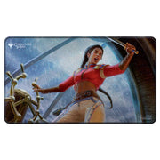 Playmat: Magic the Gathering: Commander Series: Holofoil: Sisay - Rectangular playmat featuring vivid fantasy artwork of a confident woman in red and beige warrior attire wielding a sword,.