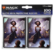 Ultra Pro Sleeves 100 count - Magic the Gathering Duskmourn - Aminatou, Veil Piercer - Matte card sleeves featuring a dark-haired female character in a black dress with a glowing staff, 100 count packaging.