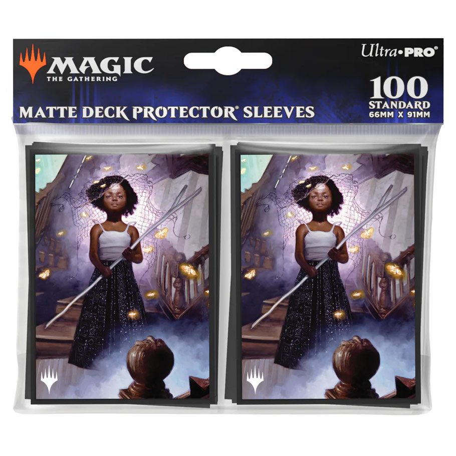 Ultra Pro Sleeves 100 count - Magic the Gathering Duskmourn - Aminatou, Veil Piercer - Matte card sleeves featuring a dark-haired female character in a black dress with a glowing staff, 100 count packaging.