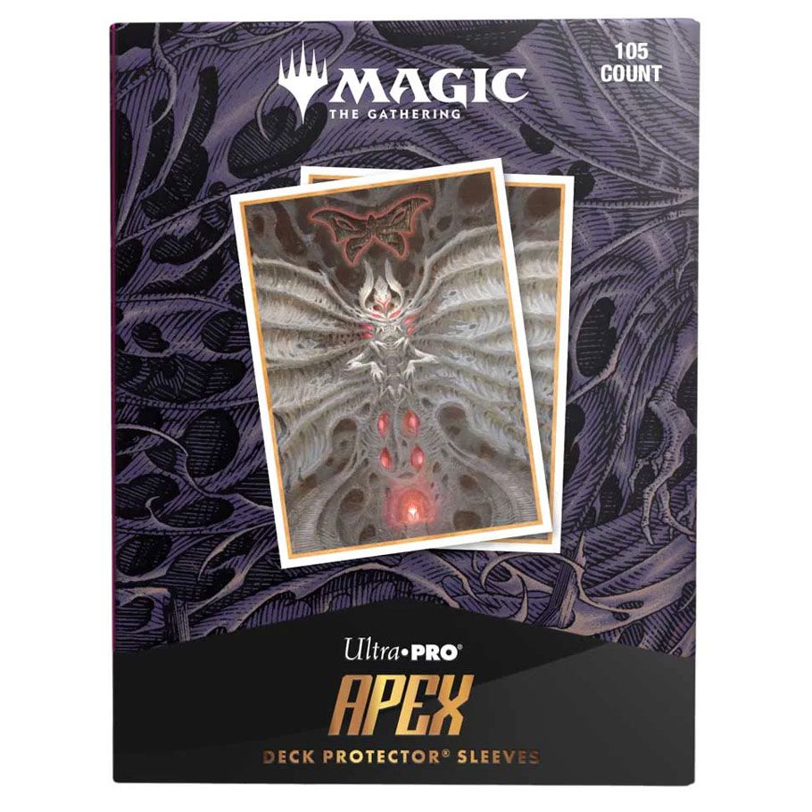 Ultra Pro Apex Sleeves 105 count - Magic the Gathering Duskmourn - Valgavoth, Terror Eater - Magic the Gathering Ultra Pro Apex card sleeves with Duskmourn Valgavoth, Terror Eater artwork, dark textured background,.