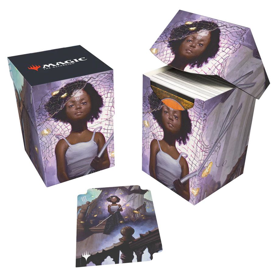 Ultra Pro 100+ Deck Box - Magic the Gathering Duskmourn - Aminatou, Veil Piercer - Purple and gold Magic the Gathering Ultra Pro deck box featuring Aminatou, Veil Piercer artwork with a stylized female.