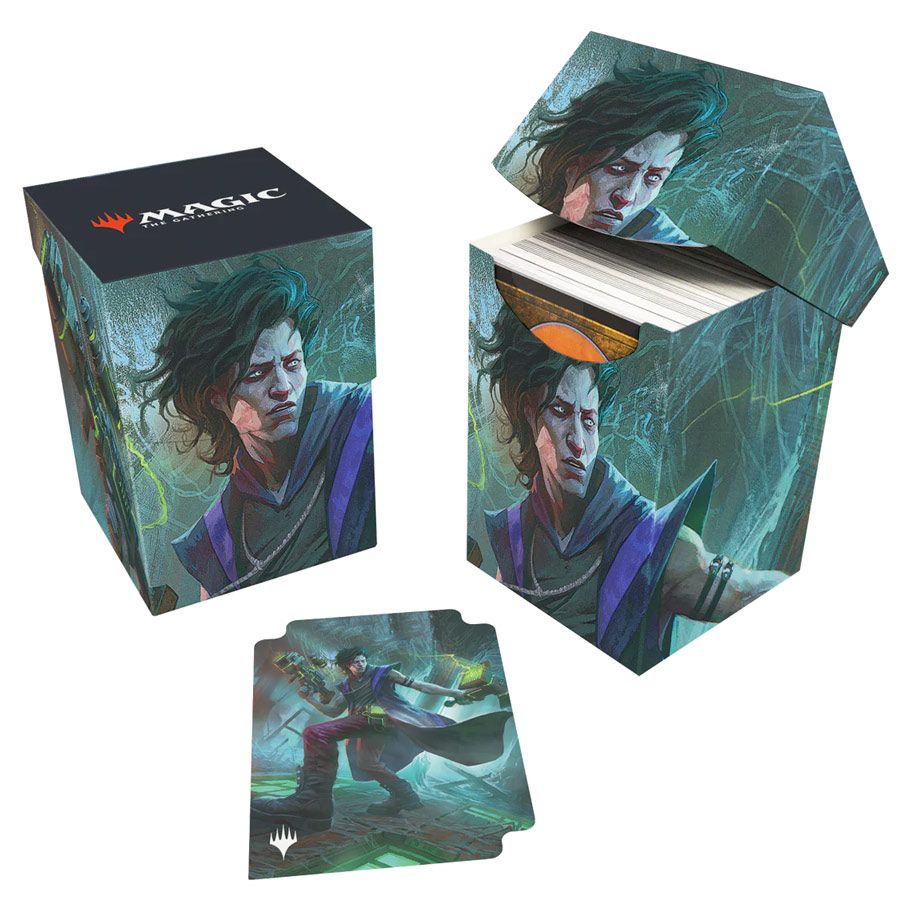 Ultra Pro 100+ Deck Box - Magic the Gathering Duskmourn - Winter, Cynical Opportunist - Rectangular deck box with dark fantasy artwork of a blue-haired figure in a stormy forest, featuring muted green, blue, and.