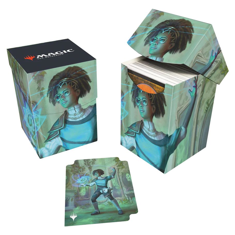 Ultra Pro 100+ Deck Box - Magic the Gathering Duskmourn - Zimone, Mystery Unraveler - Deck box and matching card sleeves featuring dusky green and blue tones and artwork of Zimone, Mystery Unraveler with a.