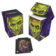 Ultra Pro 100+ Deck Box - Magic the Gathering Duskmourn - Kaito, Bane of Nightmares - Purple and green card deck box featuring a sinister face design with a matching card sleeve showing a purple skull adorned.