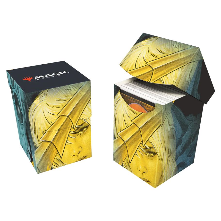 Ultra Pro 100+ Deck Box - Magic the Gathering Duskmourn - The Wandering Rescuer - Rectangular deck box featuring golden-yellow and dark teal artwork of a mystical figure with flowing hair and a golden.