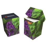 Ultra Pro 100+ Deck Box - Magic the Gathering Duskmourn - Tyvar, the Pummeler - Black and green rectangular deck box with purple and green fantasy character artwork and Magic logo on lid, open and closed.