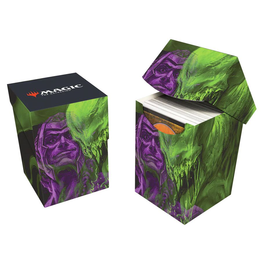 Ultra Pro 100+ Deck Box - Magic the Gathering Duskmourn - Tyvar, the Pummeler - Black and green rectangular deck box with purple and green fantasy character artwork and Magic logo on lid, open and closed.