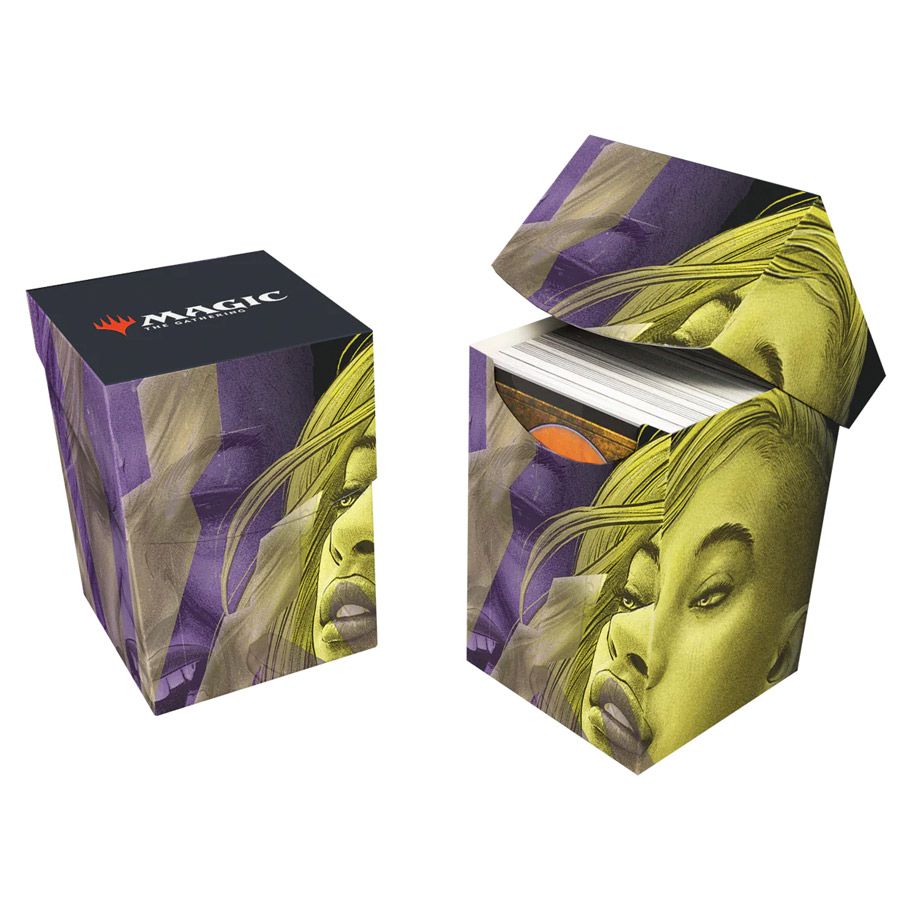 Ultra Pro 100+ Deck Box - Magic the Gathering Duskmourn - Niko, Light of Hope - Rectangular card deck box with hinged lid featuring a detailed green and purple illustration of Niko, Light of Hope from.