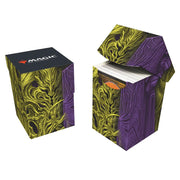 Ultra Pro 100+ Deck Box - Magic the Gathering Duskmourn - Valgavoth, Terror Eater - Card deck box with intricate yellow and purple swirling patterns, featuring a hinged lid and black top with red Magic logo.