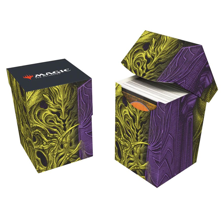 Ultra Pro 100+ Deck Box - Magic the Gathering Duskmourn - Valgavoth, Terror Eater - Card deck box with intricate yellow and purple swirling patterns, featuring a hinged lid and black top with red Magic logo.