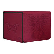 Ultra Pro Alcove Edge Deck Box - Magic the Gathering Duskmourn - Deep red leather deck box with embossed intricate butterfly and winged design, compact rectangular shape.
