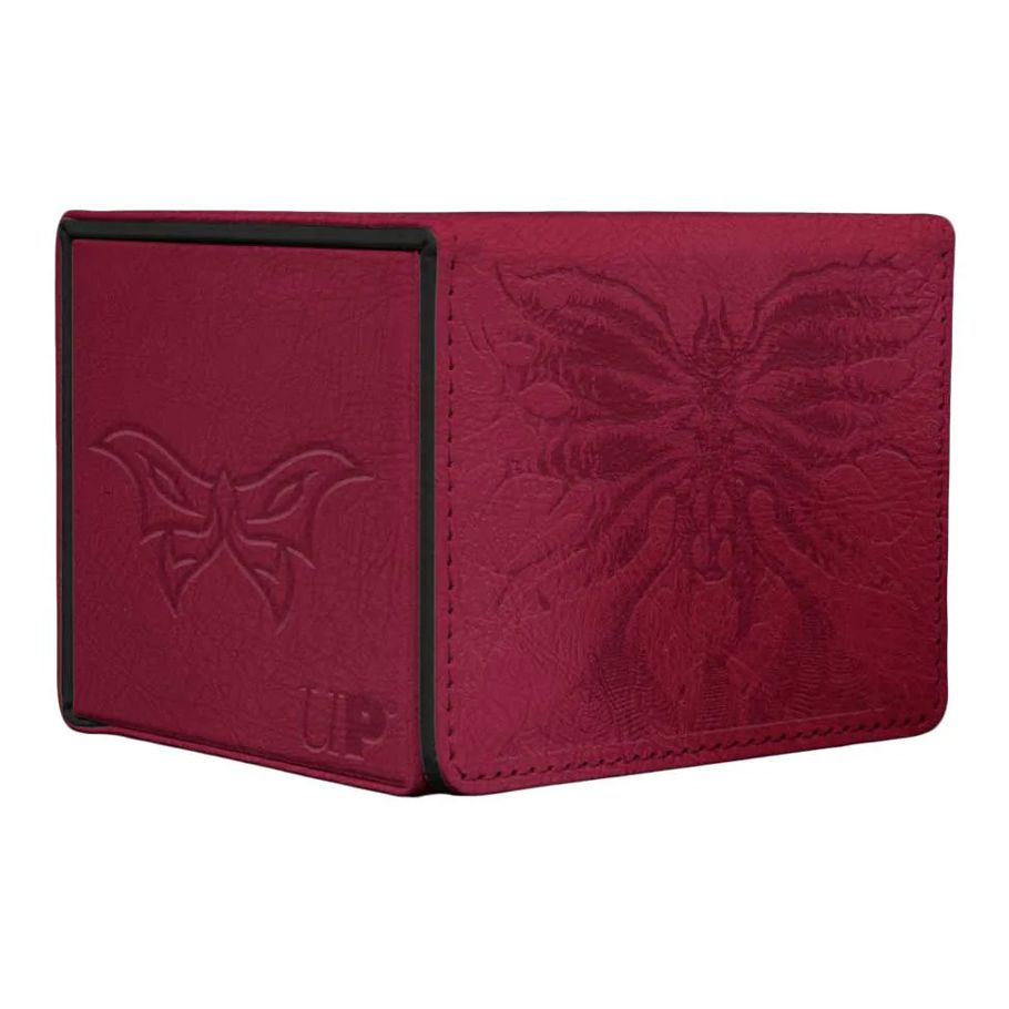 Ultra Pro Alcove Edge Deck Box - Magic the Gathering Duskmourn - Deep red leather deck box with embossed intricate butterfly and winged design, compact rectangular shape.