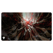 Playmat: Magic the Gathering: Duskmourn: Valgavoth, Harrower of Souls - Dark fantasy-themed playmat with swirling black, red, and white energy and a central ghostly figure with glowing red eyes.