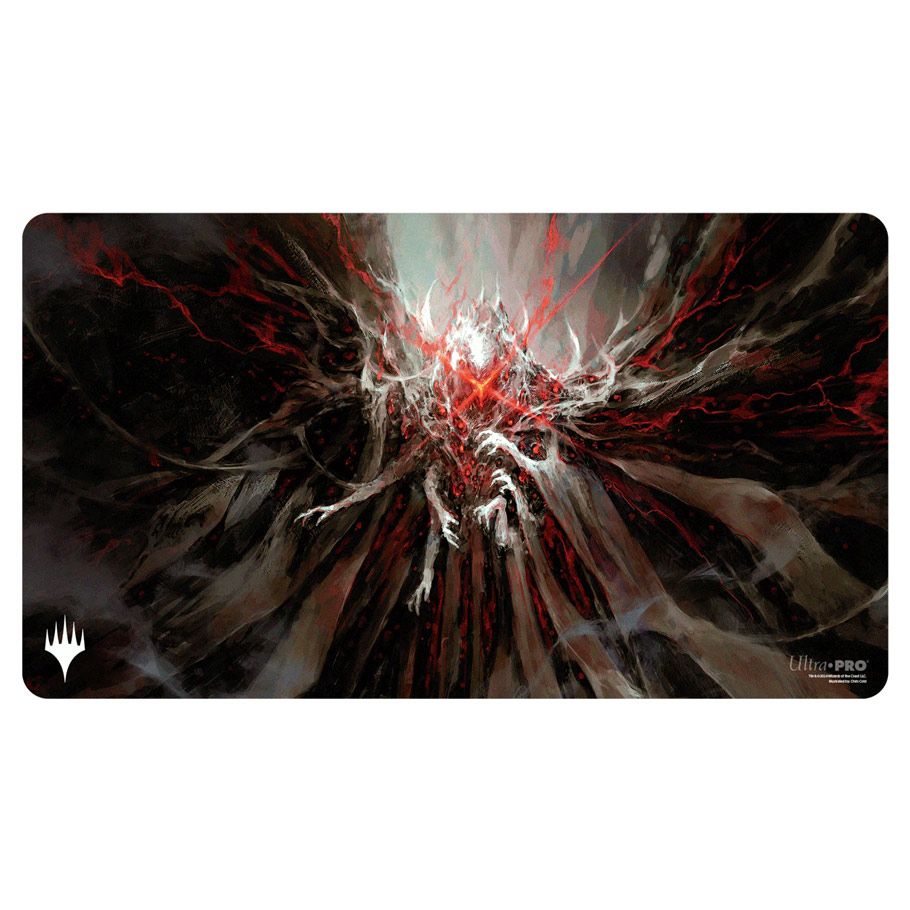 Playmat: Magic the Gathering: Duskmourn: Valgavoth, Harrower of Souls - Dark fantasy-themed playmat with swirling black, red, and white energy and a central ghostly figure with glowing red eyes.