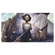 Playmat: Magic the Gathering: Duskmourn: Aminatou, Veil Piercer - Magic the Gathering playmat featuring Aminatou, Veil Piercer holding a long staff, with a dark skirt and white top, set.