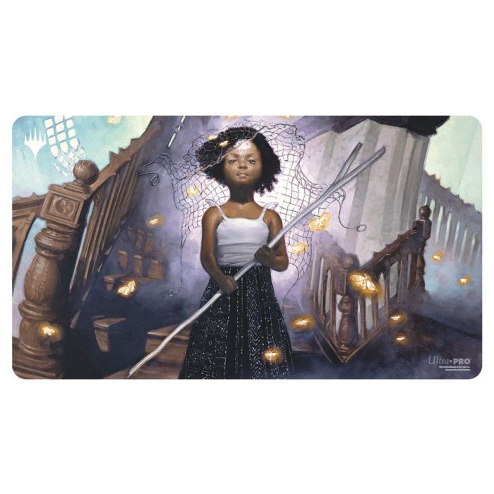 Playmat: Magic the Gathering: Duskmourn: Aminatou, Veil Piercer - Magic the Gathering playmat featuring Aminatou, Veil Piercer holding a long staff, with a dark skirt and white top, set.