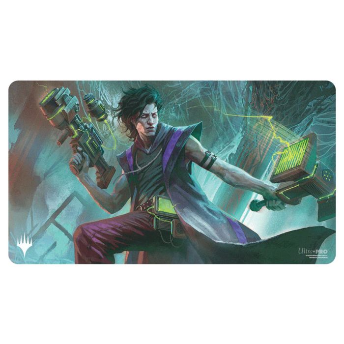 Playmat: Magic the Gathering: Duskmourn: Winter, Cynical Opportunist - Gaming playmat featuring a dark-haired figure in purple cloak casting magic with glowing green staff and book.