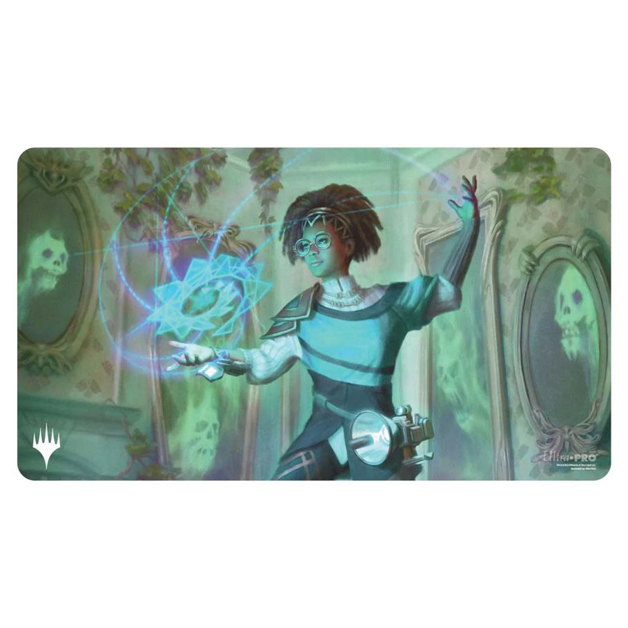 Playmat: Magic the Gathering: Duskmourn: Zimone, Mystery Unraveler - Rectangular playmat featuring a fantasy scene of a young woman casting a glowing blue spell in a dimly lit room with ghostly