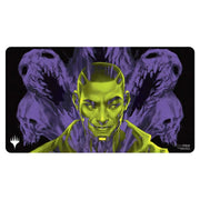 Playmat: Magic the Gathering: Duskmourn: Kaito, Bane of Nightmares - Rectangular playmat featuring a neon green male figure with glowing yellow eyes, set against a dark purple background with.