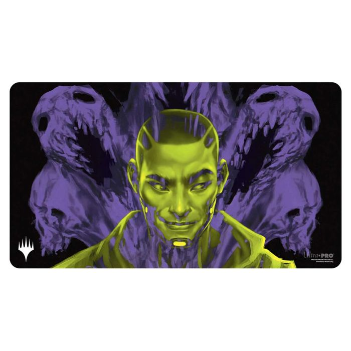 Playmat: Magic the Gathering: Duskmourn: Kaito, Bane of Nightmares - Rectangular playmat featuring a neon green male figure with glowing yellow eyes, set against a dark purple background with.