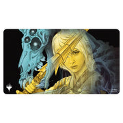 Playmat: Magic the Gathering: Duskmourn: The Wandering Rescuer - Gaming playmat with fantasy artwork of a blonde warrior holding a sword against a blue spectral skull background.