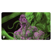 Playmat: Magic the Gathering: Duskmourn: Tyvar, the Pummeler - Rectangular playmat featuring a purple elven warrior with glowing green veins facing a large menacing green creature, dark.