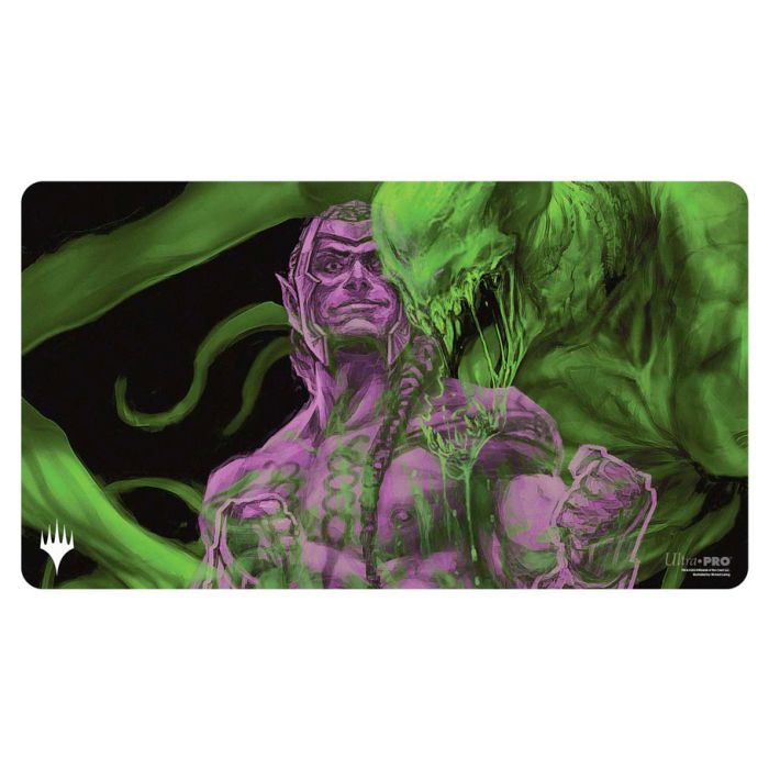 Playmat: Magic the Gathering: Duskmourn: Tyvar, the Pummeler - Rectangular playmat featuring a purple elven warrior with glowing green veins facing a large menacing green creature, dark.