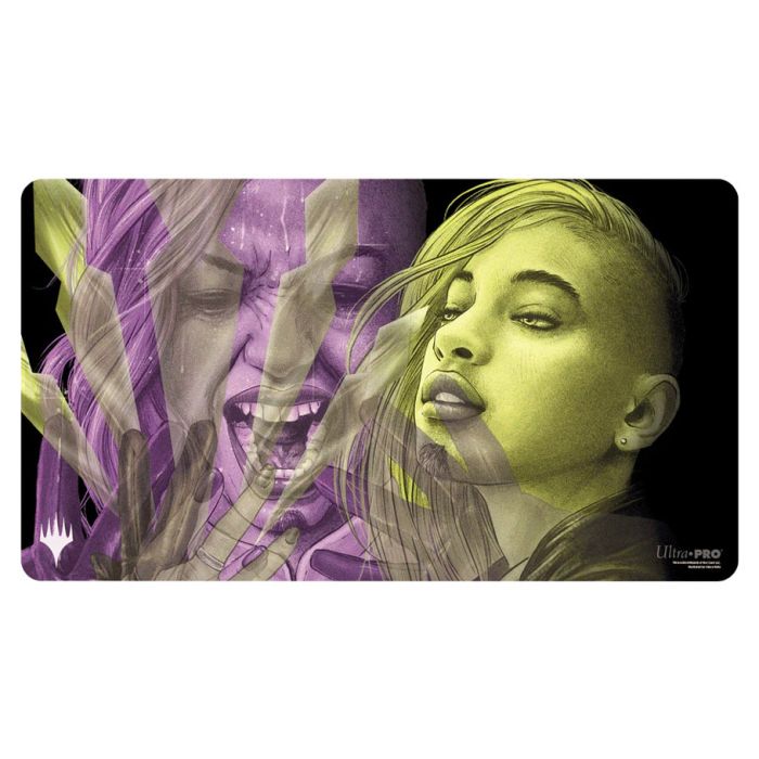 Playmat: Magic the Gathering: Duskmourn: Niko, Light of Hope - Niko, Light of Hope with purple and yellow character art on a soft fabric surface.
