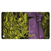 Playmat: Magic the Gathering: Duskmourn: Valgavoth, Terror Eater - Playmat featuring intricate yellow-green monstrous creature face on left and purple stone pillar with carvings on right.
