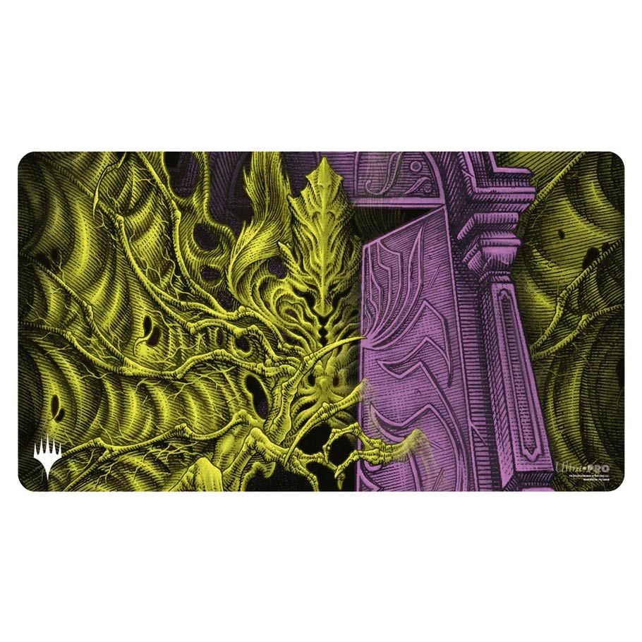 Playmat: Magic the Gathering: Duskmourn: Valgavoth, Terror Eater - Playmat featuring intricate yellow-green monstrous creature face on left and purple stone pillar with carvings on right.