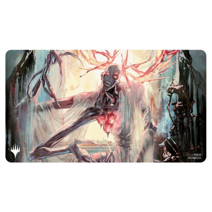 Playmat: Magic the Gathering: Duskmourn: Overlord of the Mistmoors - Playmat with dark fantasy art featuring a spectral overlord with glowing red eyes and a misty, ethereal background in muted.
