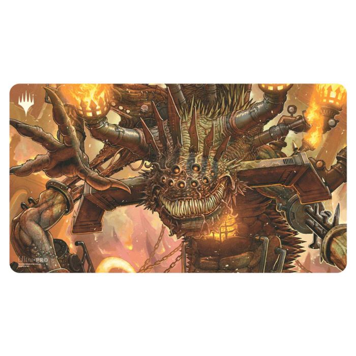 Playmat: Magic the Gathering: Duskmourn: Overlord of the Boilerbilges - Rectangular playmat featuring detailed artwork of a menacing, mechanical spider-like creature with glowing orange lights and