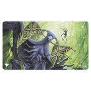 Playmat: Magic the Gathering: Duskmourn: Overlord of the Hauntwoods - Dark cloaked figure with a skull mask and ornate wings in a glowing green forest background playmat.