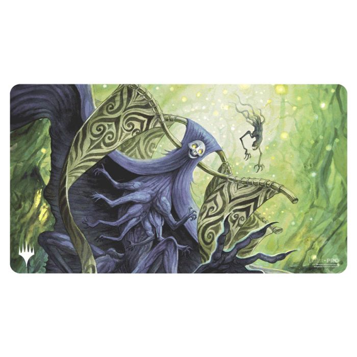 Playmat: Magic the Gathering: Duskmourn: Overlord of the Hauntwoods - Dark cloaked figure with a skull mask and ornate wings in a glowing green forest background playmat.
