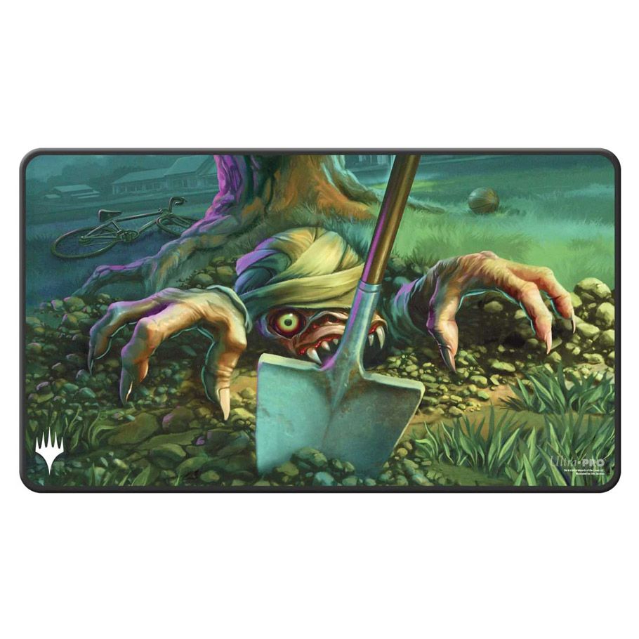 Playmat: Magic the Gathering: Duskmourn: Stitched Edge: Exhume - Magic the Gathering Duskmourn playmat with stitched edges, featuring eerie artwork of a zombie hand emerging from the ground