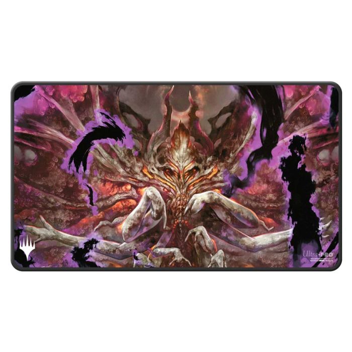 Playmat: Magic the Gathering: Duskmourn: Stitched Edge: Damnation - Rectangular playmat with dark purple and brown tones featuring a demonic creature with horns and multiple limbs, stitched.