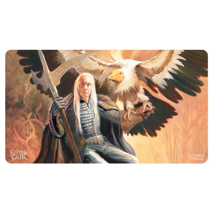 Playmat: Magic the Gathering: Secret Lair: Elves of Deep Shadow - Rectangular playmat featuring fantasy art of a cloaked elf holding a sword with a large eagle spreading wings behind them,.