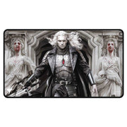 Playmat: Magic the Gathering: Innistrad Remastered: Stitched Edge: PW B - Rectangular gaming playmat with stitched edges featuring a pale, silver-haired warrior in dark armor flanked by two pale.