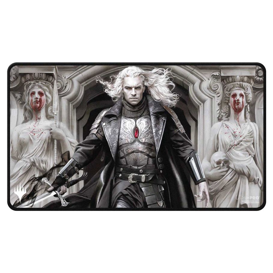 Playmat: Magic the Gathering: Innistrad Remastered: Stitched Edge: PW B - Rectangular gaming playmat with stitched edges featuring a pale, silver-haired warrior in dark armor flanked by two pale.