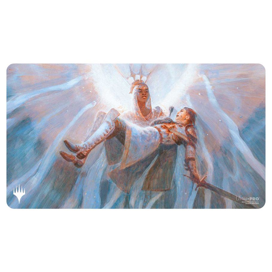 Playmat: MtG: Rare White 2 - The Gathering playmat with ethereal white and blue tones featuring an angelic figure holding a child amid radiant light.